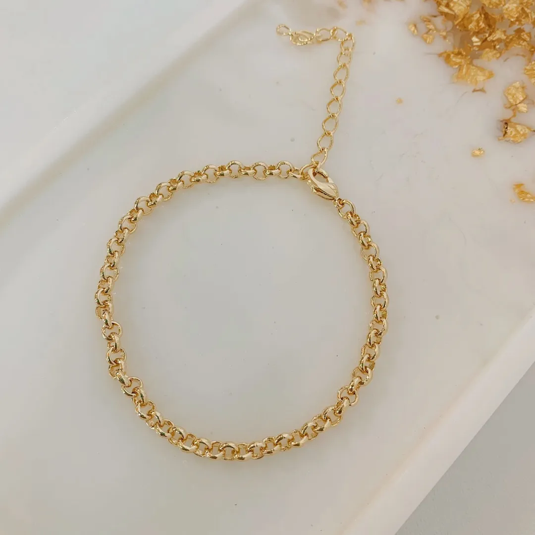 PULSEIRA ELO PORTUGUÊS. 16CM DE COMPRIMENTO E 5CM DE REGULAGEM. BANHADO A OURO 18K.